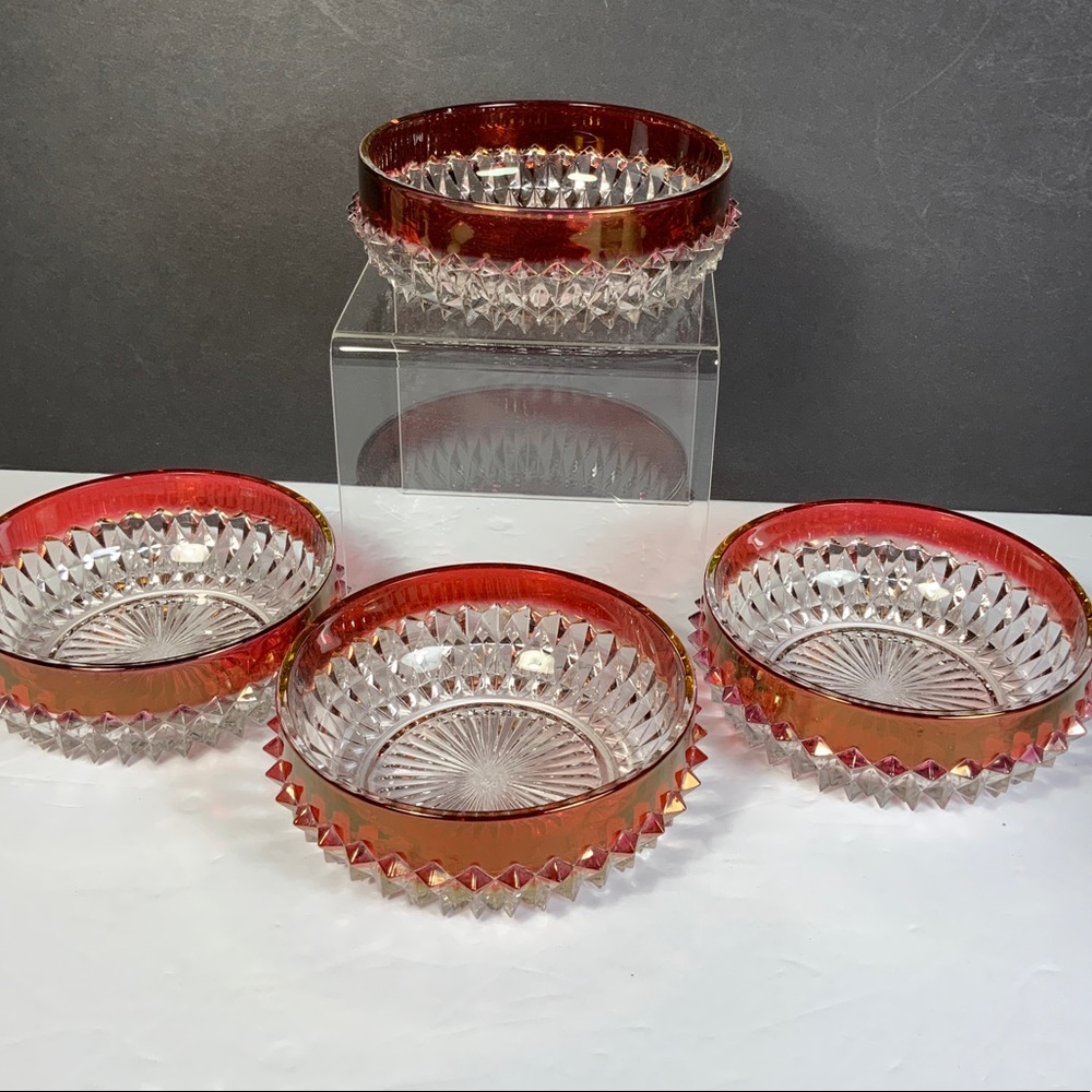 *.    Vintage Indiana Glass Diamond Point Bowls Ruby Red Flash 5 inch Set 4 #ES8